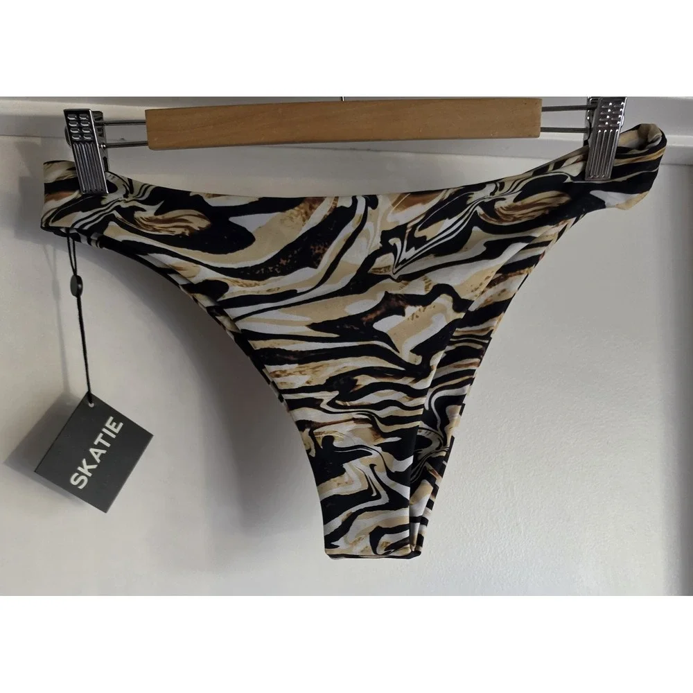 Skatie Bikini Bottom XL Black Tan White Abstract Swim Brief Swimwear